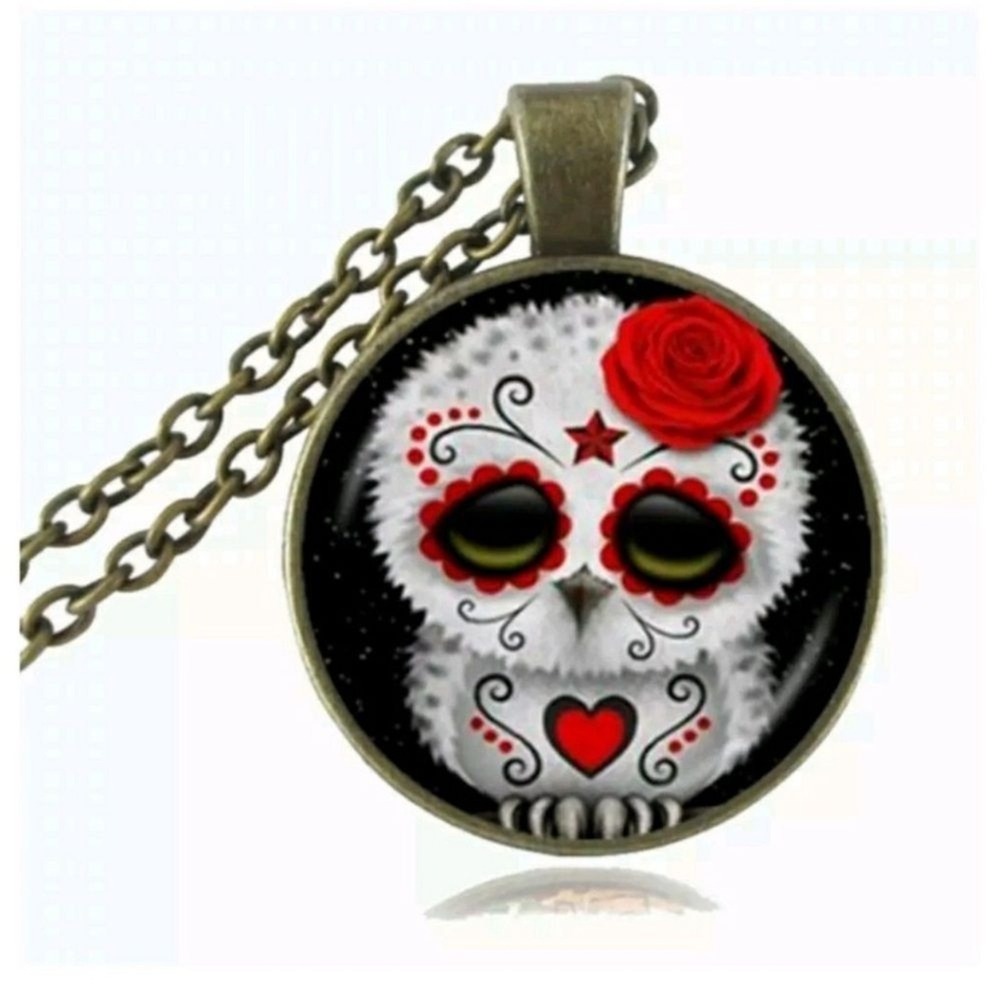 Sugar Skull Owl Necklace Pendant Vintage Bronze Chain Day of the Dead Halloween
